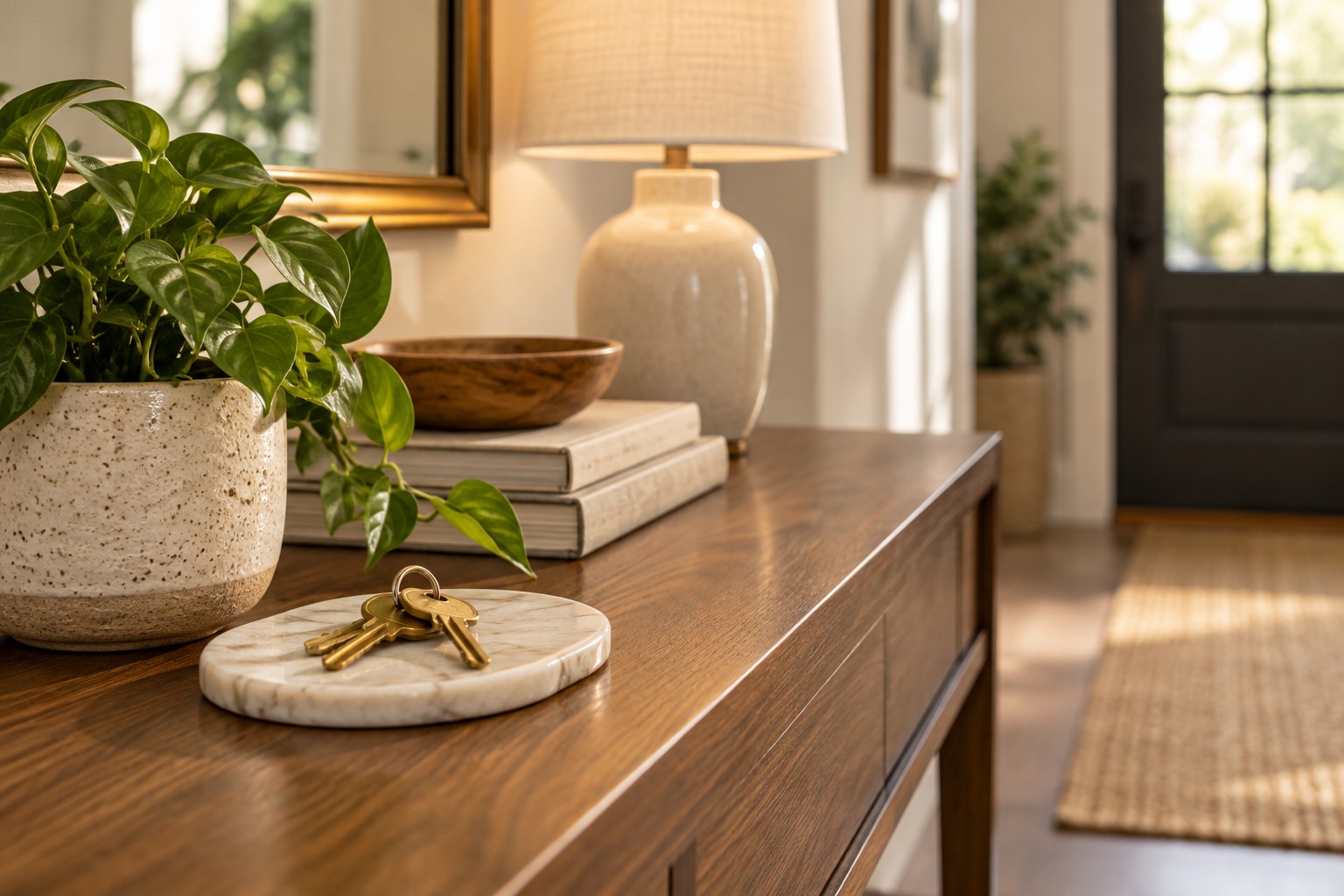 A set of keys on a welcome home table, representing Michael G. Johnson's real estate practice