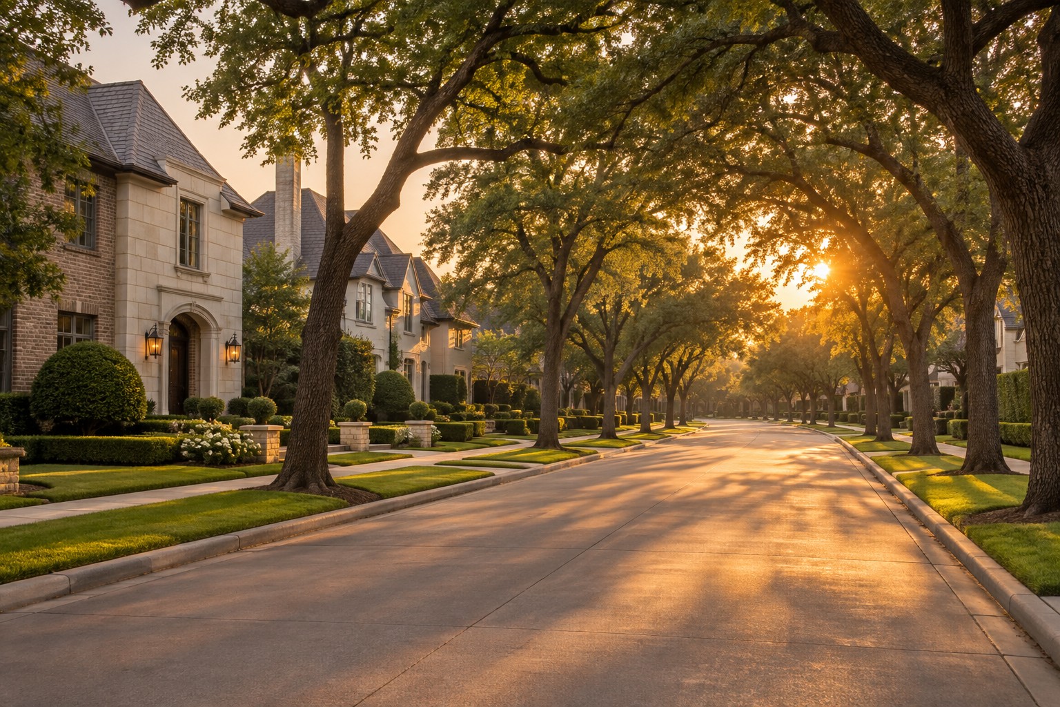 A Dallas neighborhood street at golden hour, illustrative