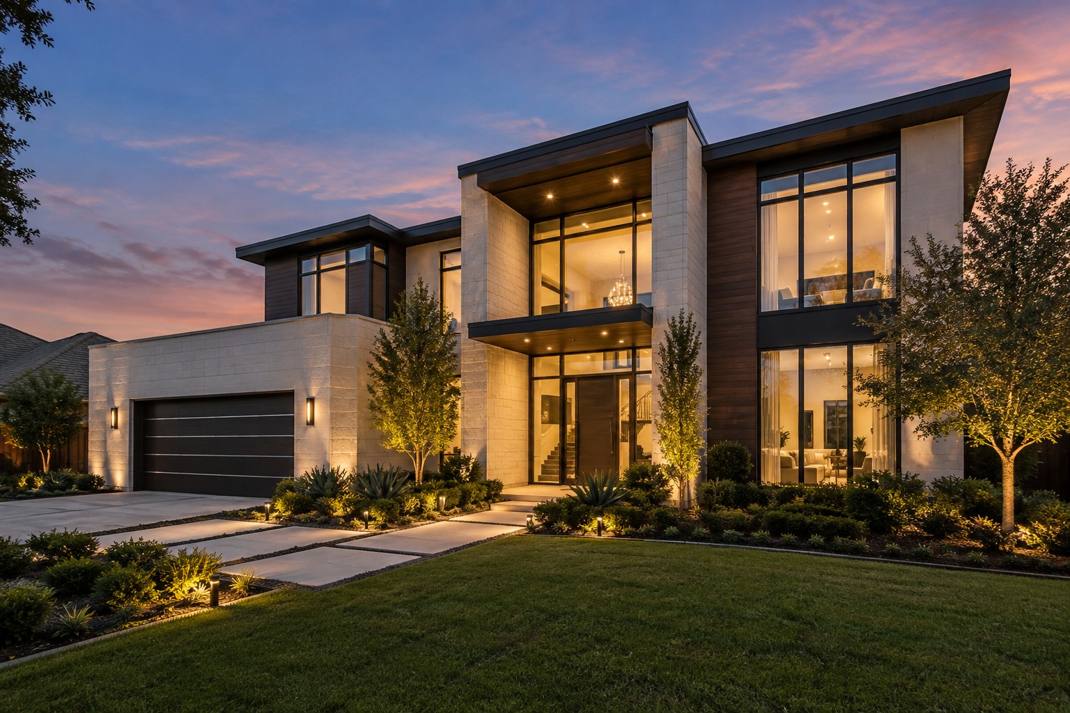 A modern Dallas luxury home at dusk, illustrative