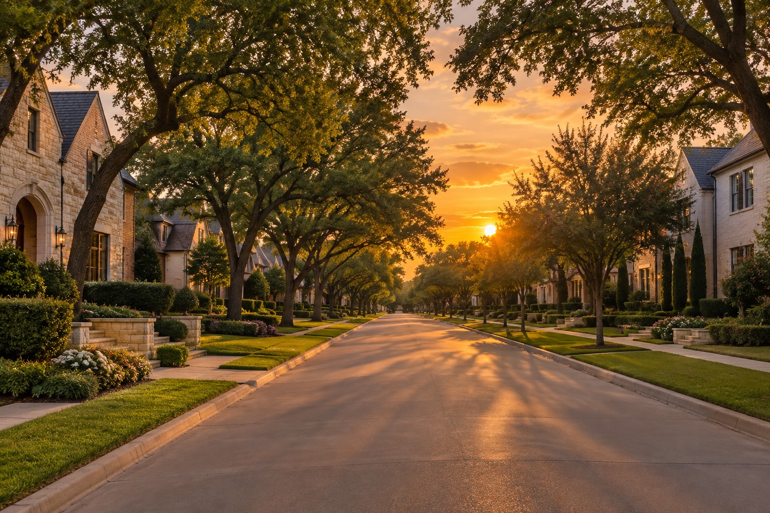 A tree lined Dallas street at sunset, illustrative