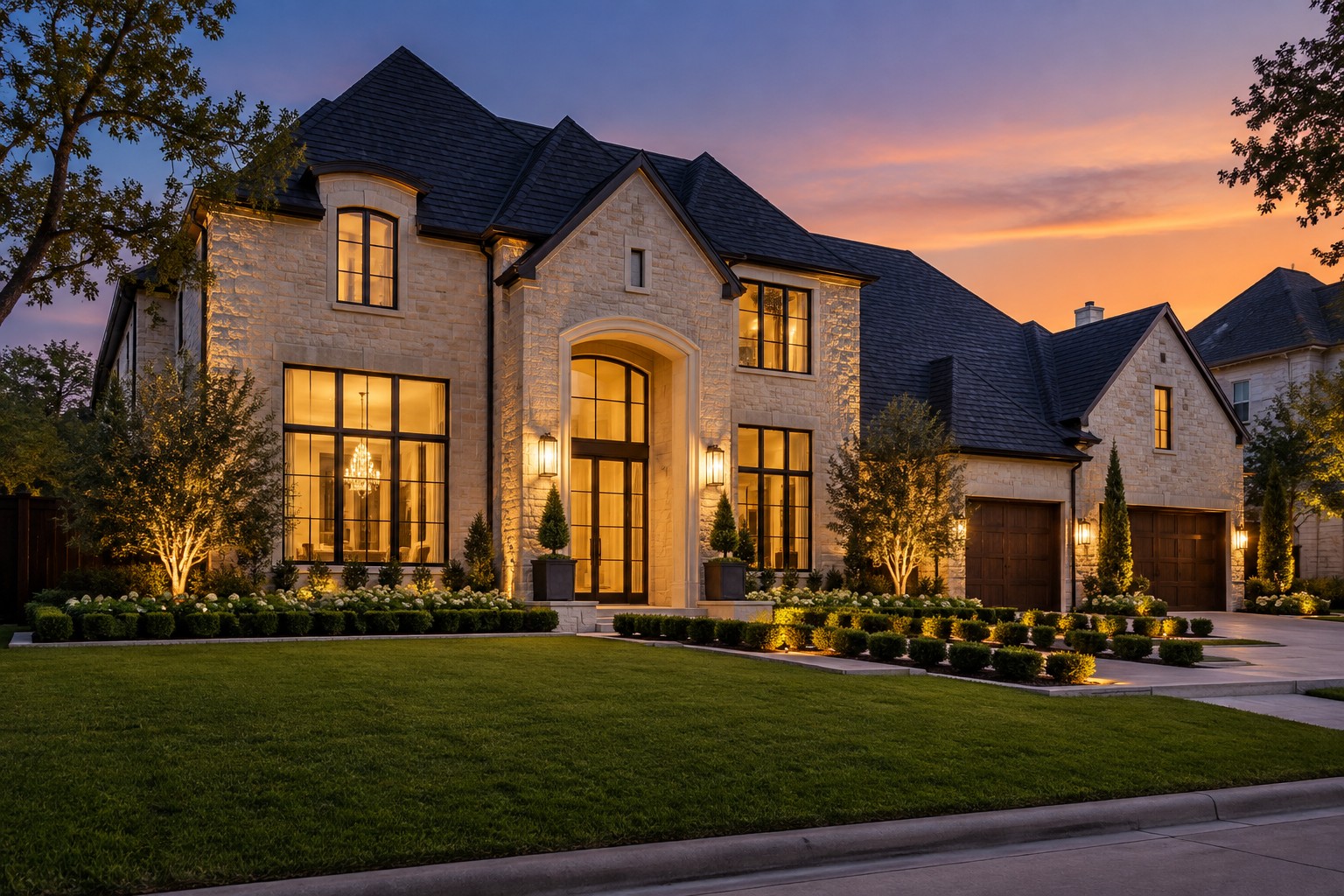 A Dallas luxury home exterior at twilight, illustrative